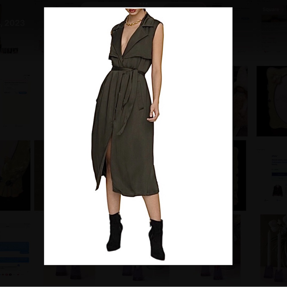 Good American Size S Button Front Dress Olive Green Trench Utility Midi Pockets